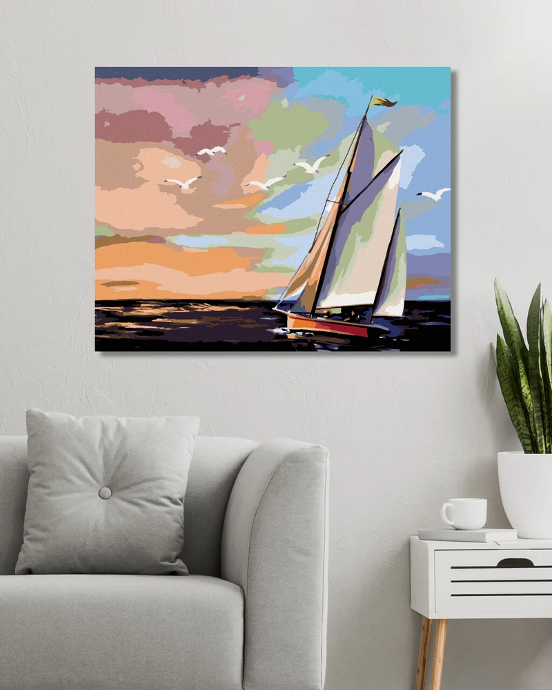 Diamond painting - SEGELSCHIFF UND FARBENFROHER SONNENUNTERGANG (D. RUSTY RUST)