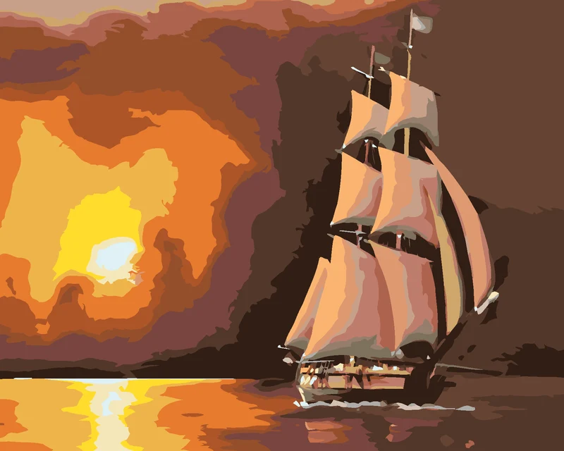 Diamond painting - SEGELSCHIFF UND ROTER SONNENUNTERGANG (D. RUSTY RUST)