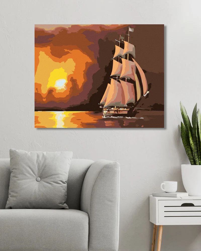 Diamond painting - SEGELSCHIFF UND ROTER SONNENUNTERGANG (D. RUSTY RUST)
