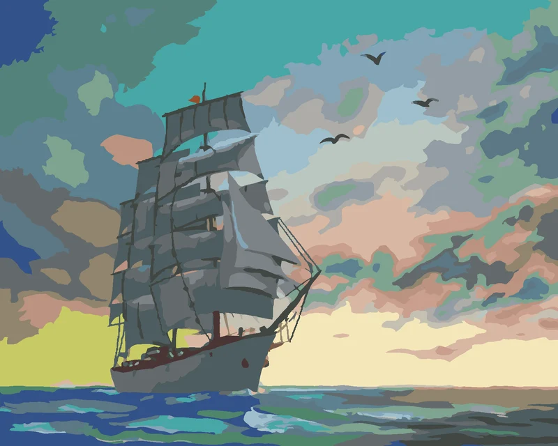 Diamond painting - SEGELSCHIFF UND FARBIGE WOLKEN (D. RUSTY RUST)