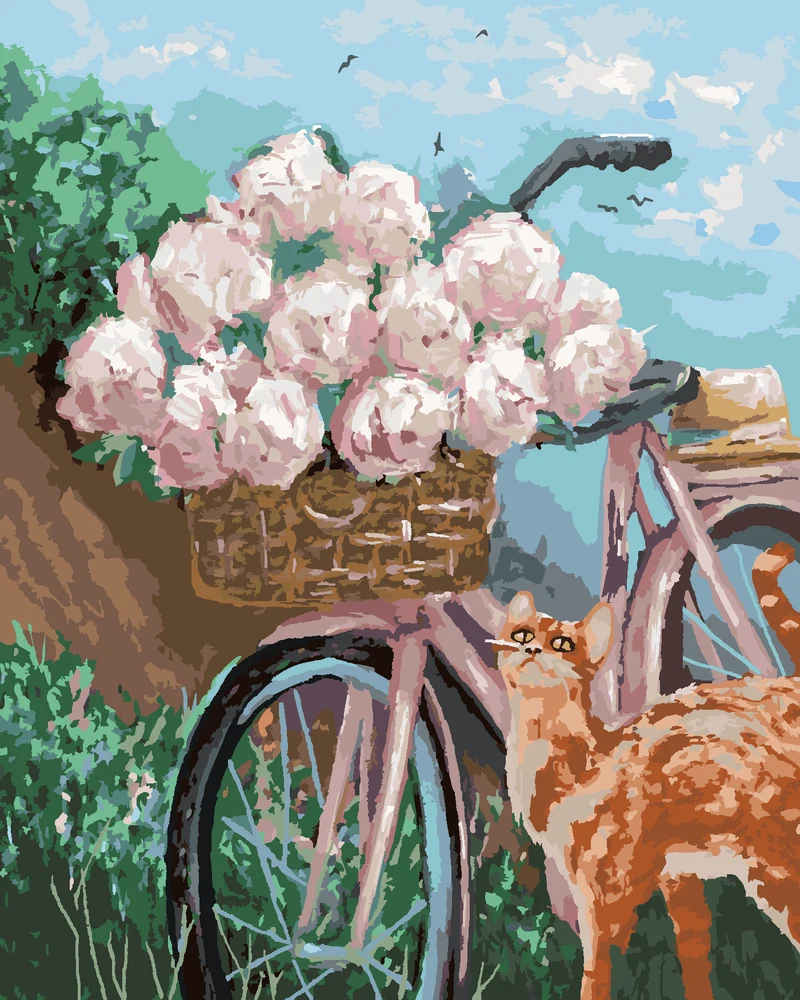 Diamond painting - PFINGSTROSEN IM KORB AUF EINEM FAHRRAD