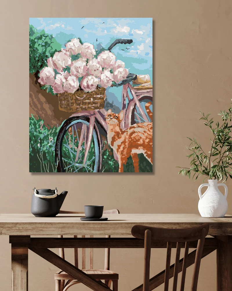Diamond painting - PFINGSTROSEN IM KORB AUF EINEM FAHRRAD