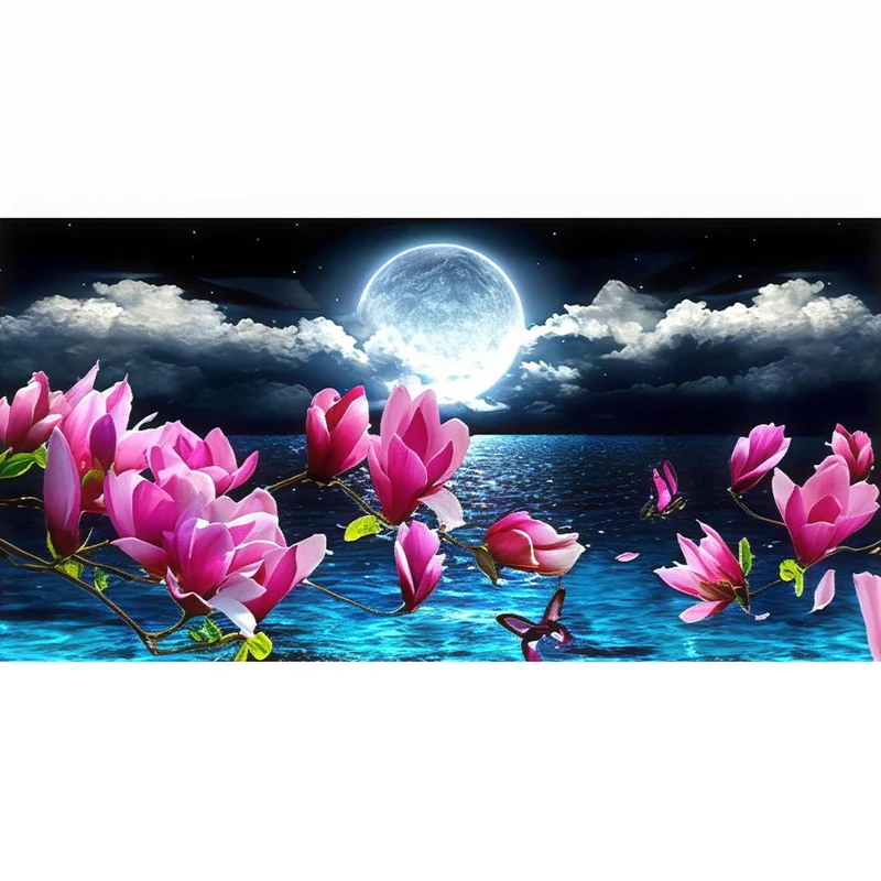 5D Diamond Painting – Blumen im Mondschein