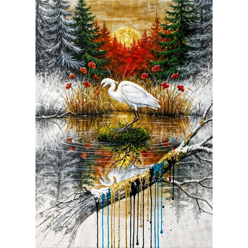 5D Diamond Painting – Der weiße Reiher im Farbspiel der Natur