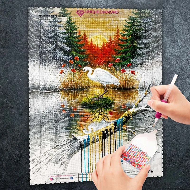 5D Diamond Painting – Der weiße Reiher im Farbspiel der Natur