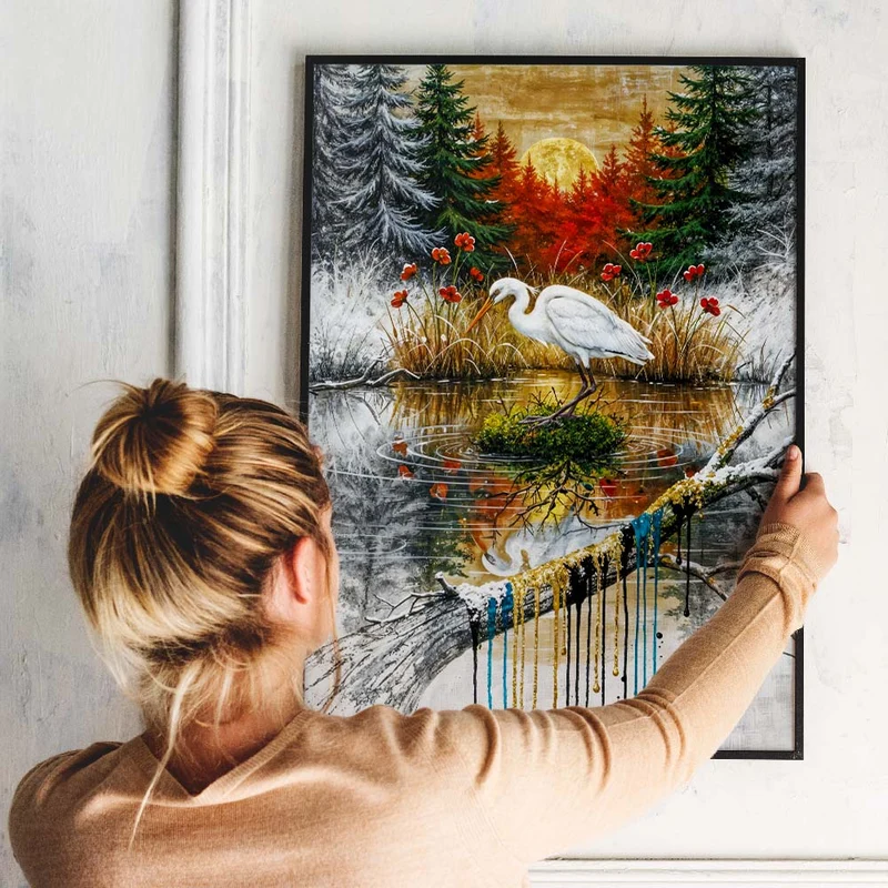 5D Diamond Painting – Der weiße Reiher im Farbspiel der Natur