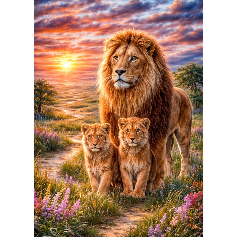 5D Diamond Painting – Lion Family Sunset