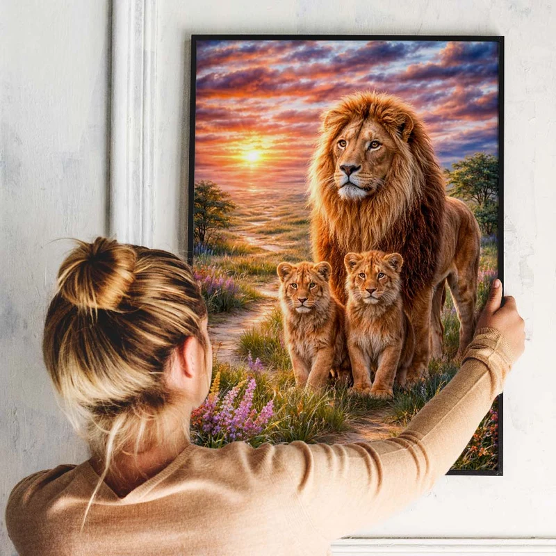 5D Diamond Painting – Lion Family Sunset