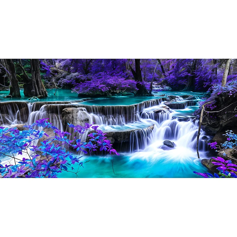 5D Diamond Painting – Wasserfall mit Lila Bäumen
