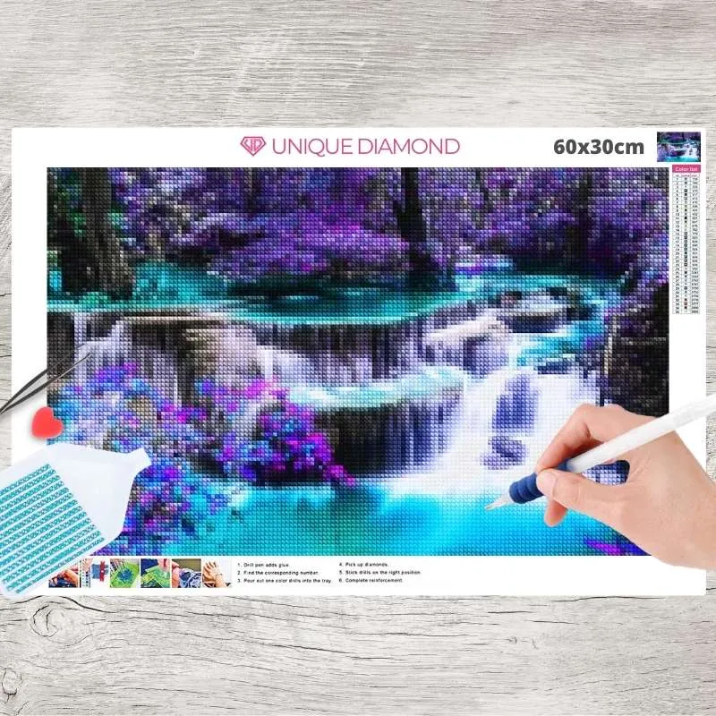 5D Diamond Painting – Wasserfall mit Lila Bäumen