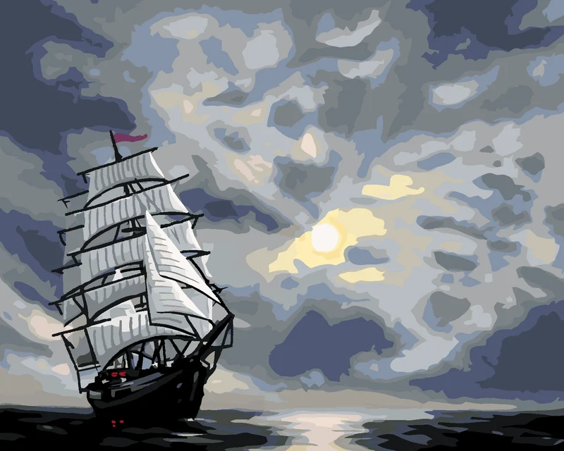 Diamond painting - SEGELNDES SEGELSCHIFF AUF DEM MEER NACH EINBRUCH DER DUNKELHEIT (D. RUSTY RUST)