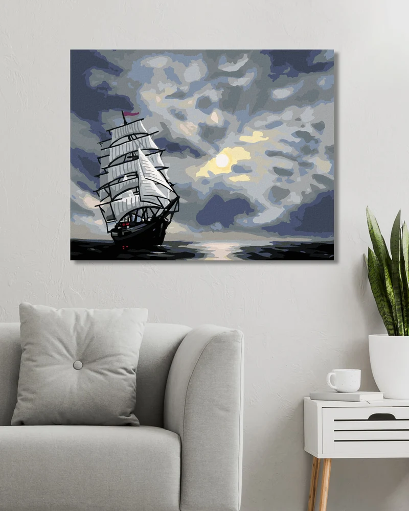Diamond painting - SEGELNDES SEGELSCHIFF AUF DEM MEER NACH EINBRUCH DER DUNKELHEIT (D. RUSTY RUST)