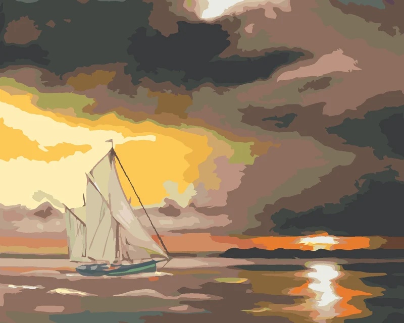 Diamond painting - SEGELSCHIFF UND SONNE HINTER DEN FELSEN (D. RUSTY RUST)