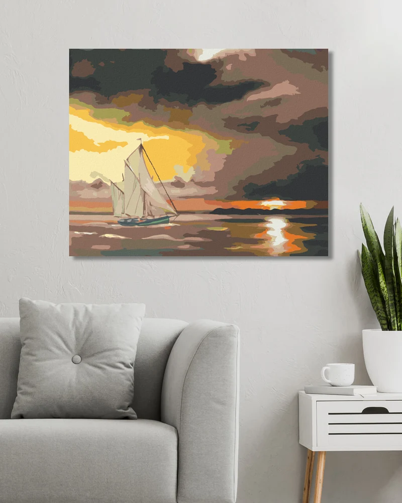 Diamond painting - SEGELSCHIFF UND SONNE HINTER DEN FELSEN (D. RUSTY RUST)