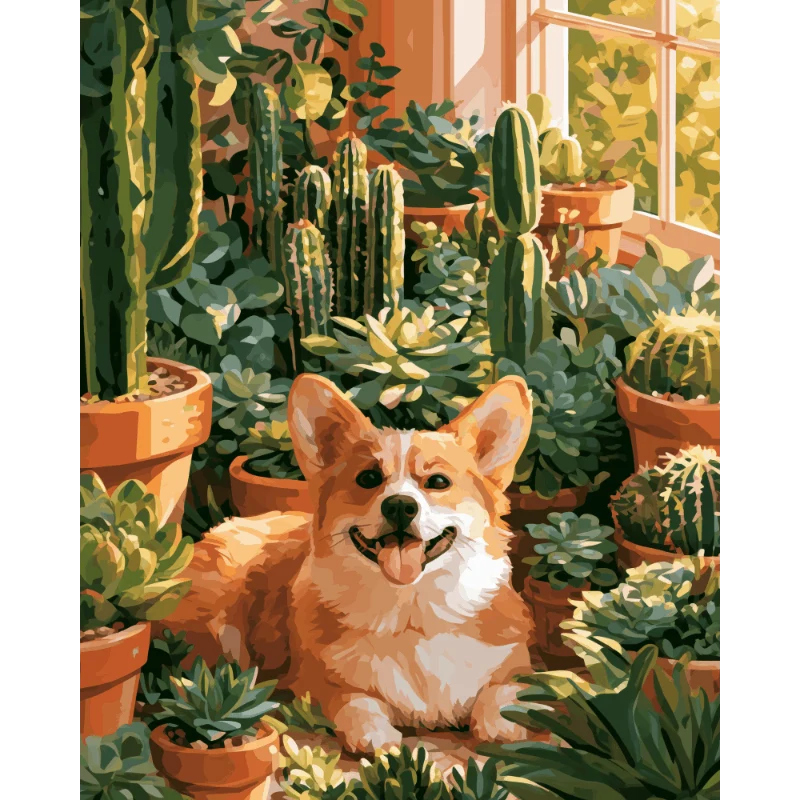 Corgi im Kaktusgarten