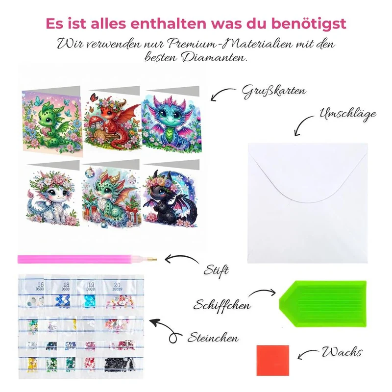 5D Diamond Painting Grußkarten – Drachenfreunde mit Glitzerflügeln