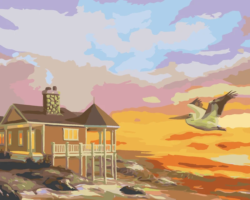 Diamond painting - PELIKAN, HAUS AM MEER UND SONNENUNTERGANG (D. RUSTY RUST)