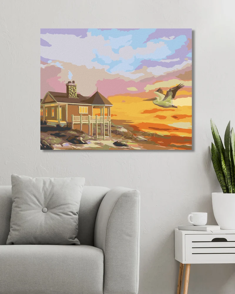 Diamond painting - PELIKAN, HAUS AM MEER UND SONNENUNTERGANG (D. RUSTY RUST)