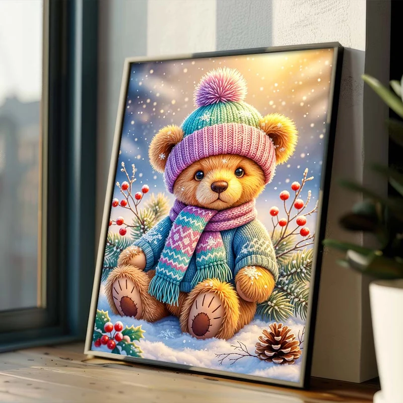 5D Diamond Painting – Winterbär Emil im Schneegarten