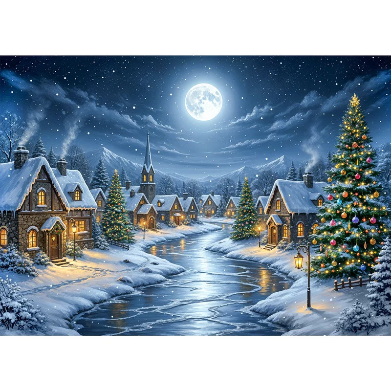 5D Diamond Painting – Mondnacht im Winterdorf