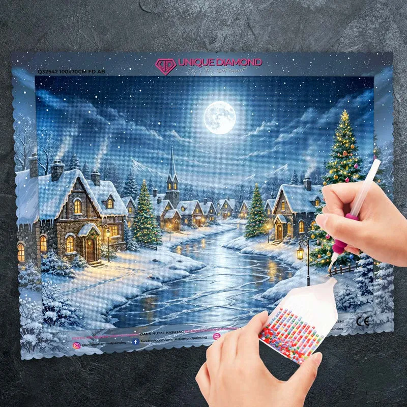 5D Diamond Painting – Mondnacht im Winterdorf
