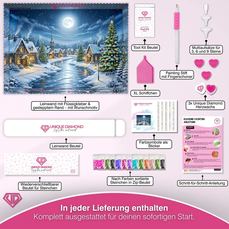 5D Diamond Painting – Mondnacht im Winterdorf