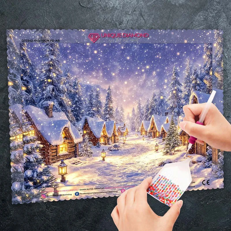 5D Diamond Painting – Winterstille im Hüttendorf