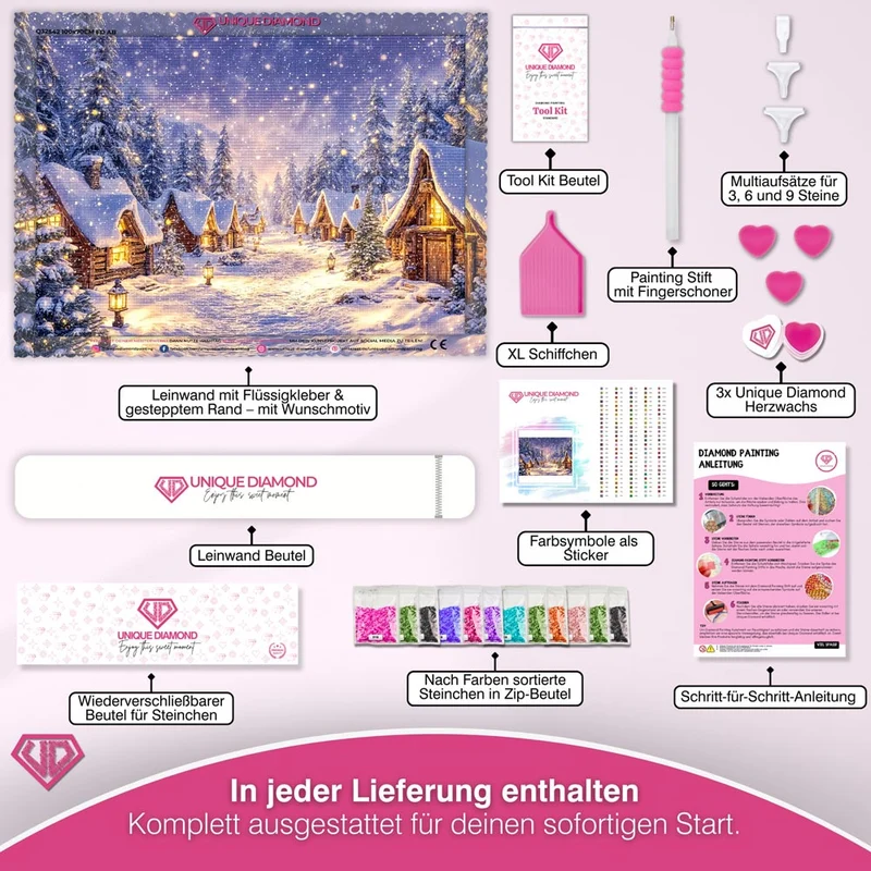 5D Diamond Painting – Winterstille im Hüttendorf