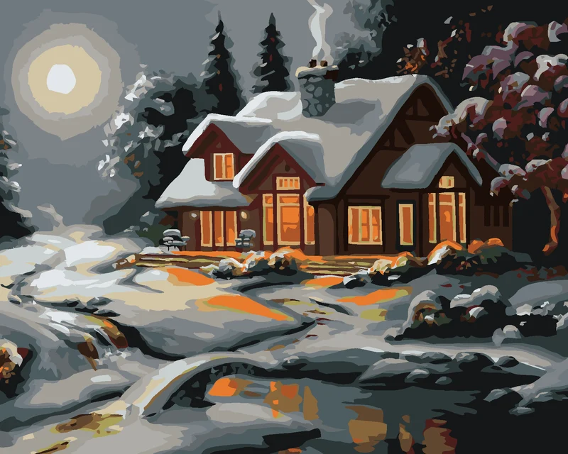 Diamond painting - SCHNEEBEDECKTES HAUS NACH EINBRUCH DER DUNKELHEIT (D. RUSTY RUST)