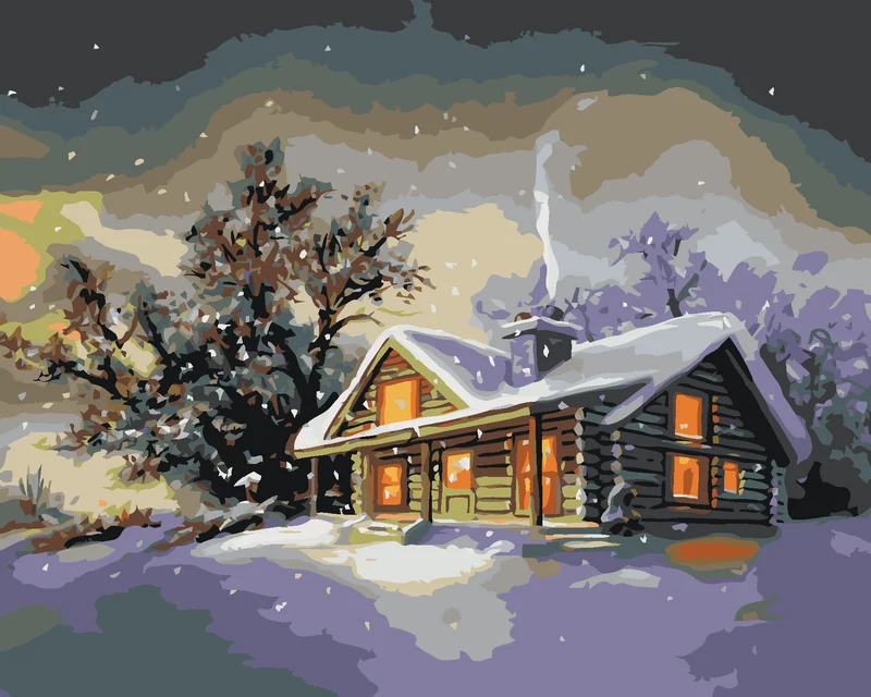 Diamond painting - VERSCHNEITES BLOCKHAUS IN DER ABENDDÄMMERUNG 2 (D. RUSTY RUST)