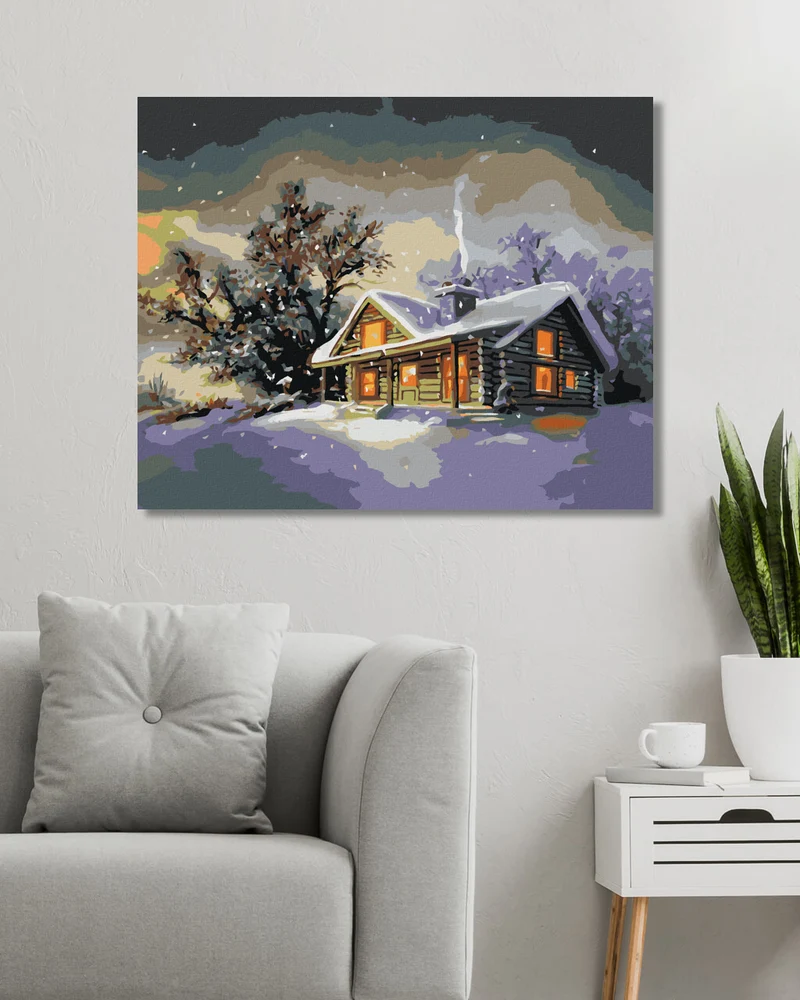 Diamond painting - VERSCHNEITES BLOCKHAUS IN DER ABENDDÄMMERUNG 2 (D. RUSTY RUST)
