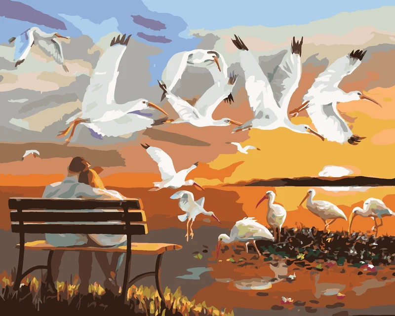 Diamond painting - PAAR AUF EINER BANK UND FLIEGENDE VÖGEL (D. RUSTY RUST)