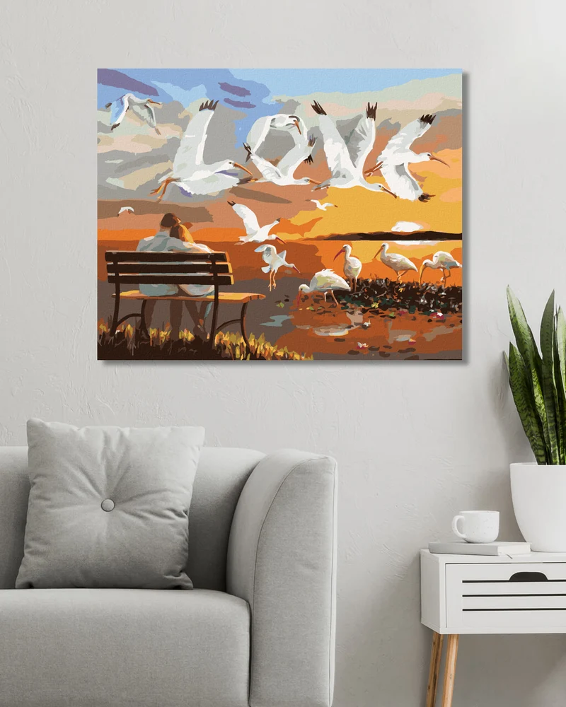 Diamond painting - PAAR AUF EINER BANK UND FLIEGENDE VÖGEL (D. RUSTY RUST)
