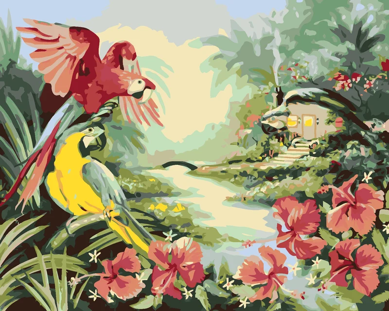 Diamond painting - ARA-PAPAGEI UND BLUMEN NEBEN DEM FLUSS UND DER HÜTTE (D. RUSTY RUST)