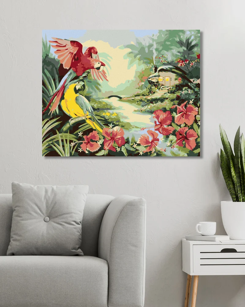 Diamond painting - ARA-PAPAGEI UND BLUMEN NEBEN DEM FLUSS UND DER HÜTTE (D. RUSTY RUST)