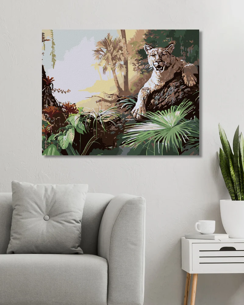 Diamond painting - PANTHER AUF EINEM BAUMSTAMM LIEGEND UND DSCHUNGEL (D. RUSTY RUST)