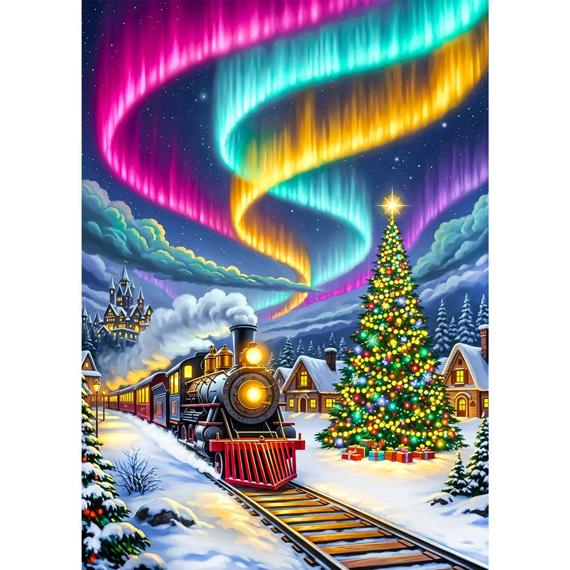5D Diamond Painting – Weihnachtszug & Polarlichtmagie