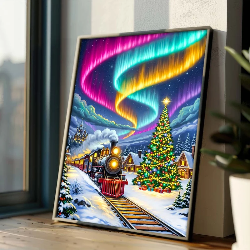 5D Diamond Painting – Weihnachtszug & Polarlichtmagie