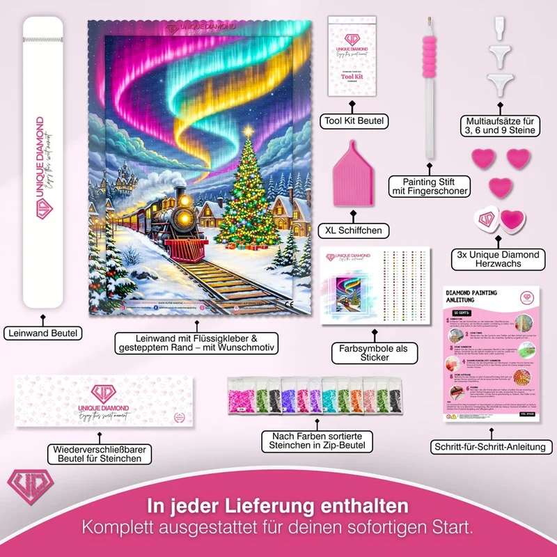 5D Diamond Painting – Weihnachtszug & Polarlichtmagie