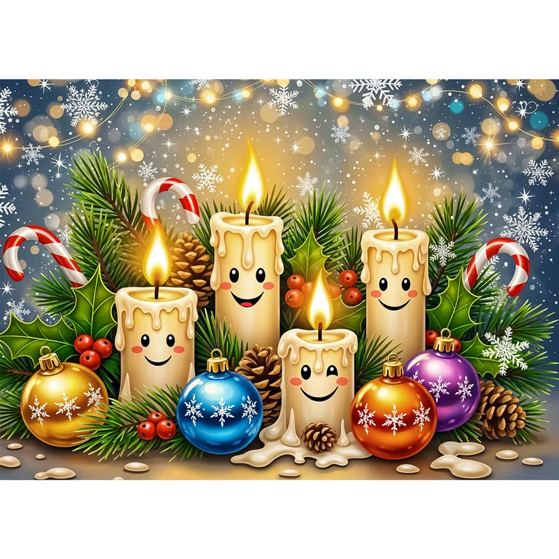 5D Diamond Painting – Lächelnde Weihnachtskerzen & Kugelzauber