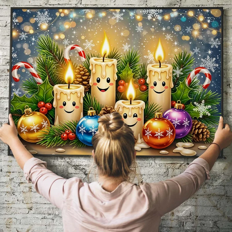 5D Diamond Painting – Lächelnde Weihnachtskerzen & Kugelzauber