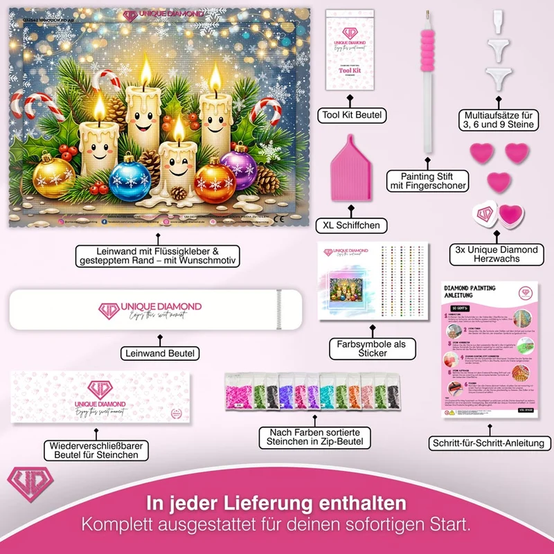 5D Diamond Painting – Lächelnde Weihnachtskerzen & Kugelzauber