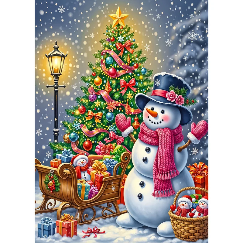 5D Diamond Painting – Fröhlicher Schneemann & Weihnachtsbaumfreude
