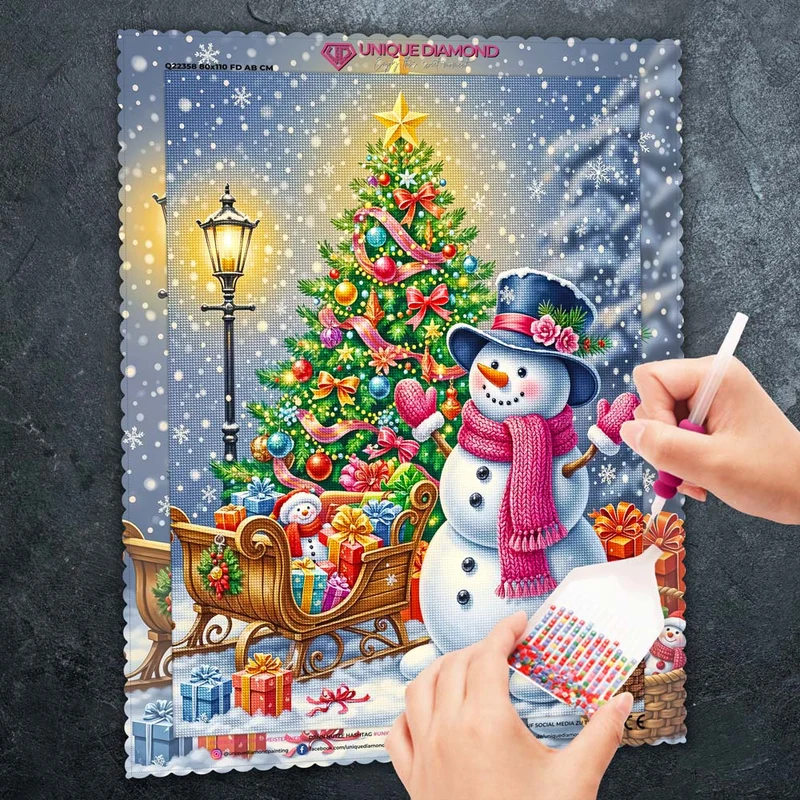 5D Diamond Painting – Fröhlicher Schneemann & Weihnachtsbaumfreude