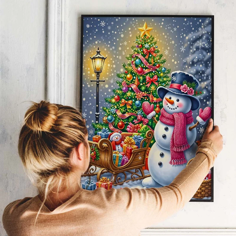 5D Diamond Painting – Fröhlicher Schneemann & Weihnachtsbaumfreude