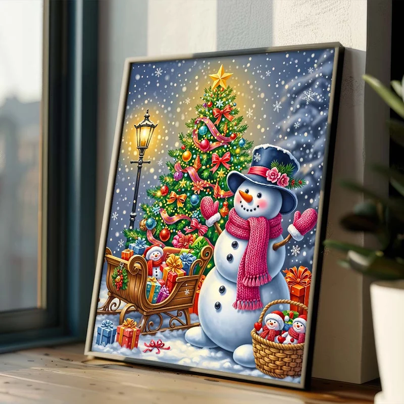5D Diamond Painting – Fröhlicher Schneemann & Weihnachtsbaumfreude