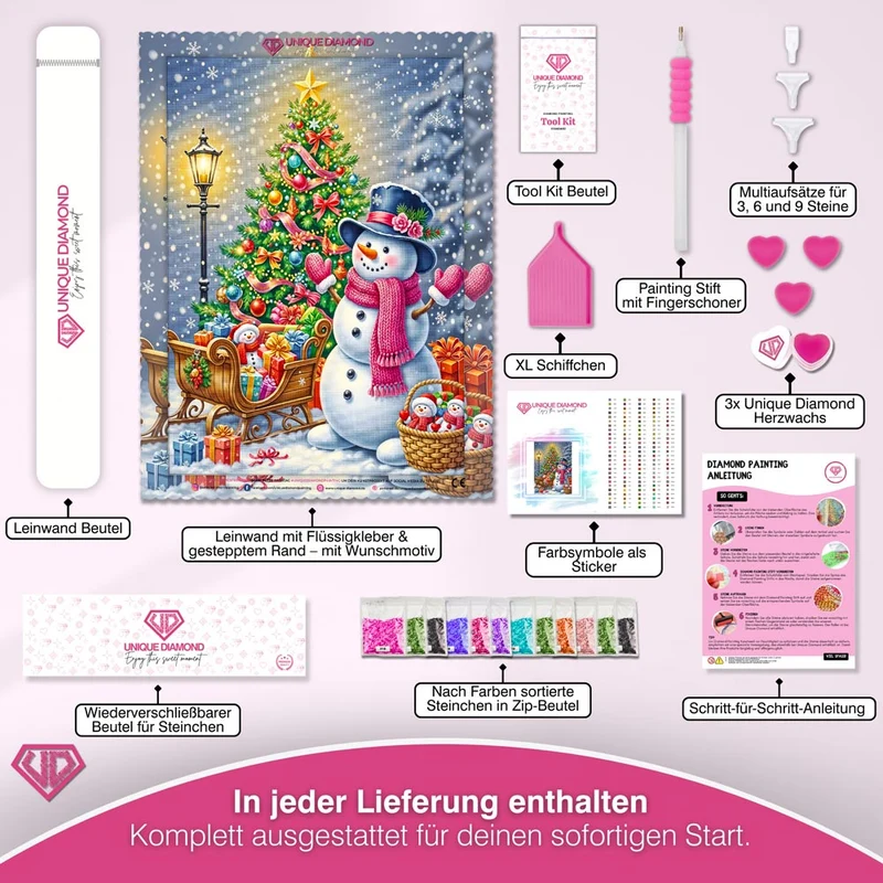 5D Diamond Painting – Fröhlicher Schneemann & Weihnachtsbaumfreude