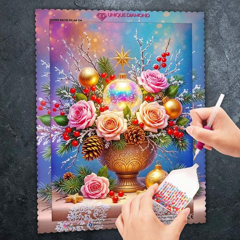 5D Diamond Painting – Weihnachtsbouquet mit Rosen und Kugeln