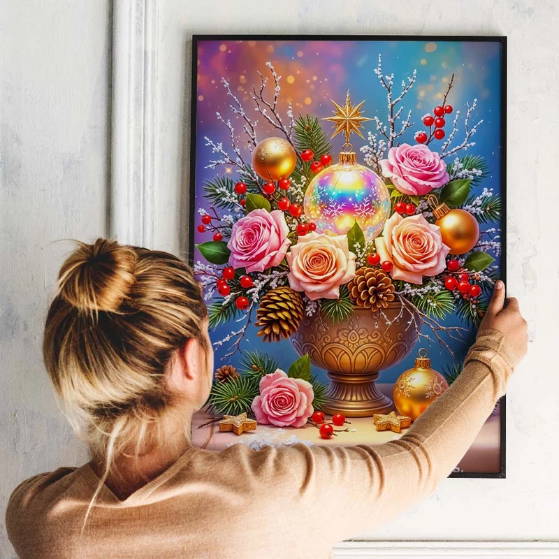 5D Diamond Painting – Weihnachtsbouquet mit Rosen und Kugeln