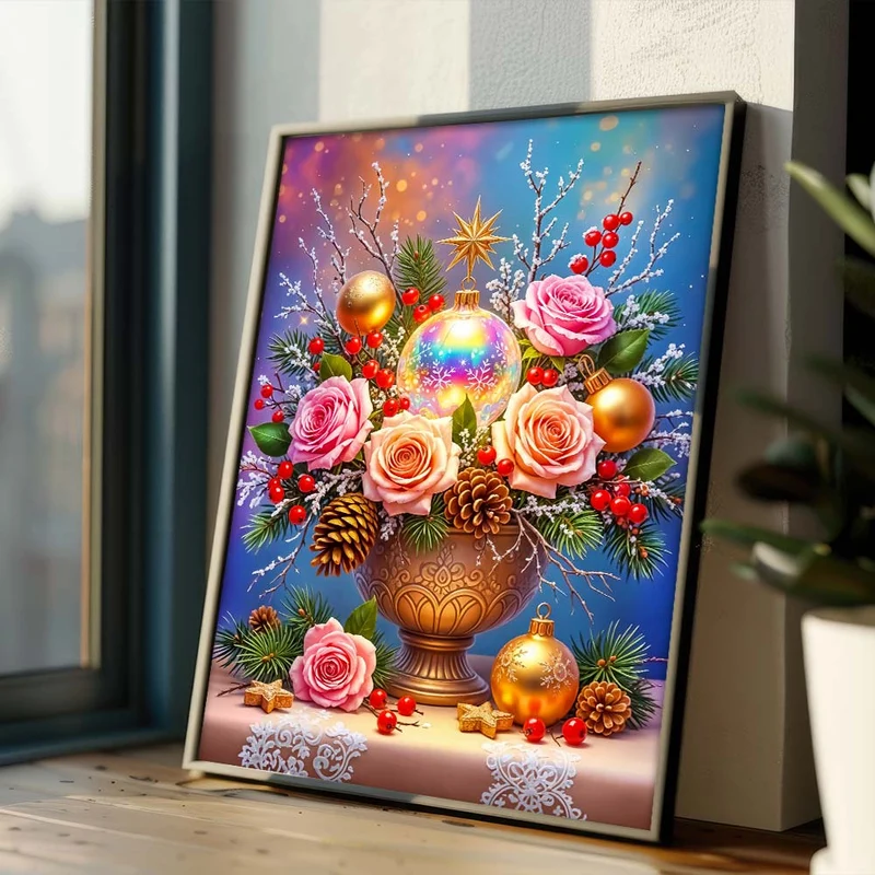 5D Diamond Painting – Weihnachtsbouquet mit Rosen und Kugeln